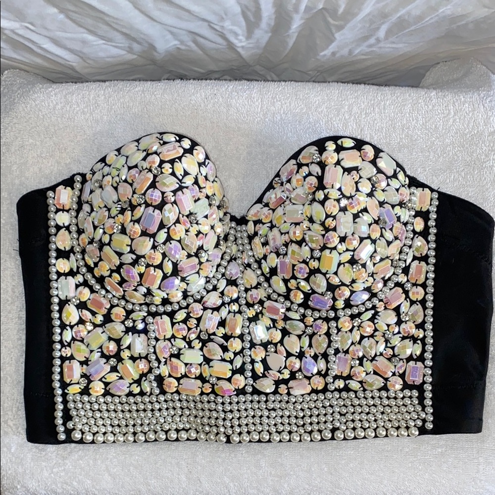 Unbranded gem covered bustier, missing 1 strap- but any black straps will work